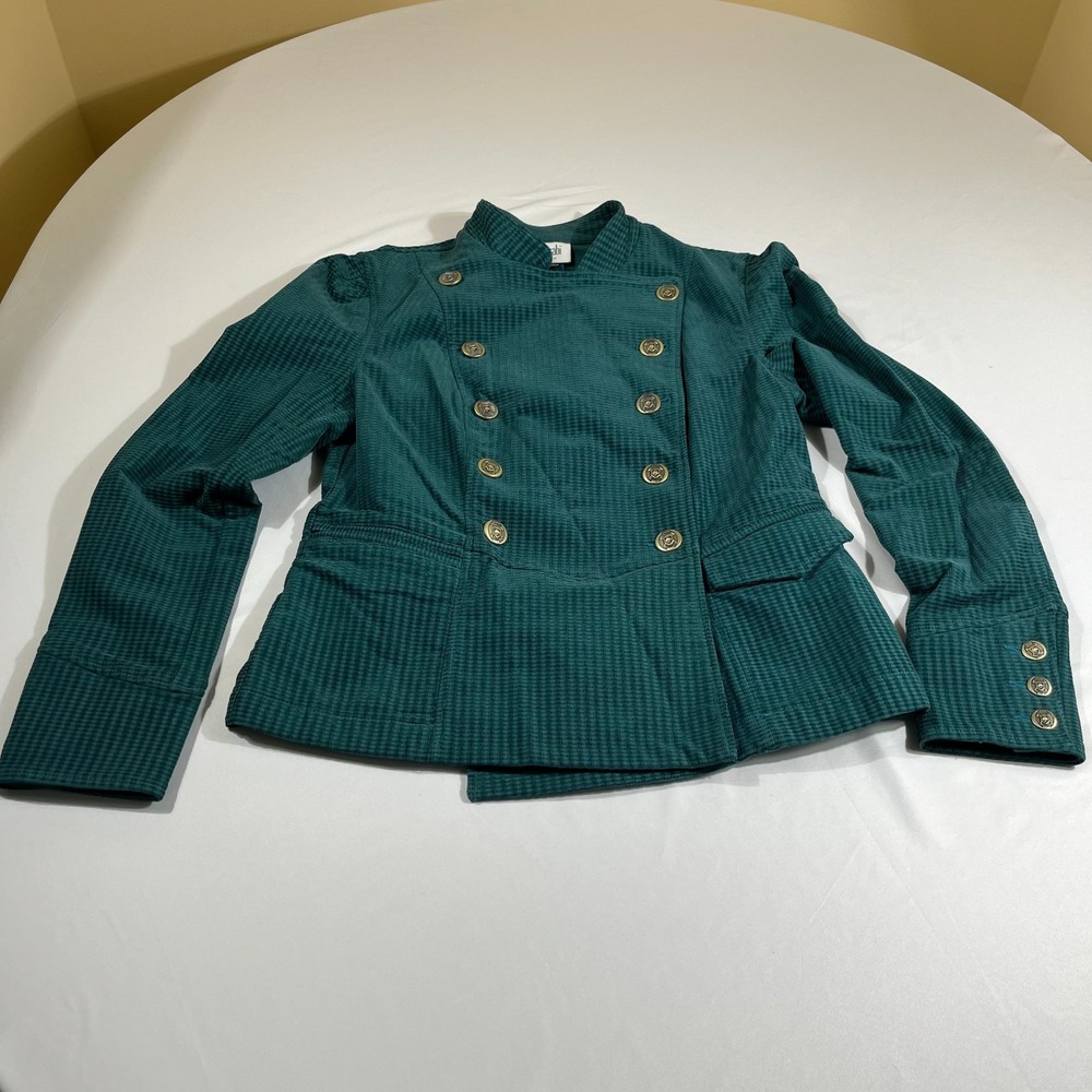 Cabi Regiment Jacket Med Green Textured Double Breasted Military Peplum Blazer